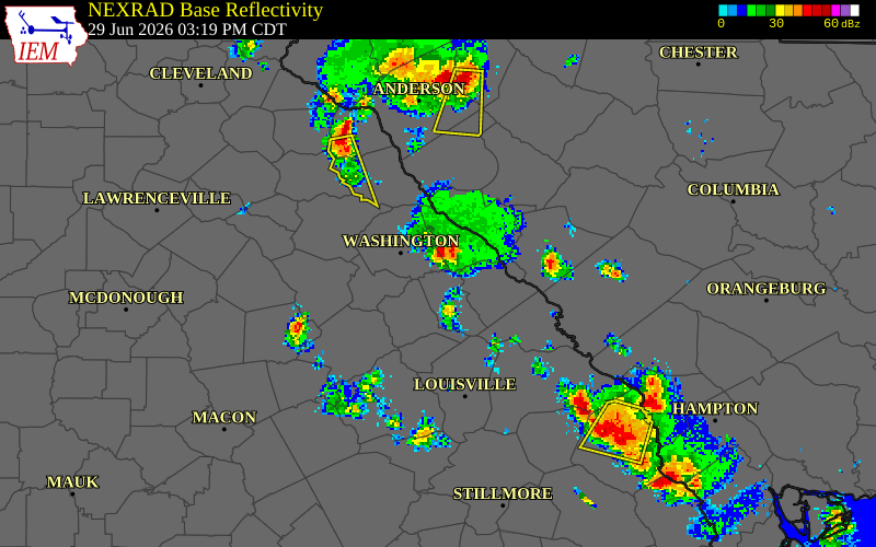 NEXRAD radar during the Monday, June 29, 2026 storm activity in Lincoln County, Georgia