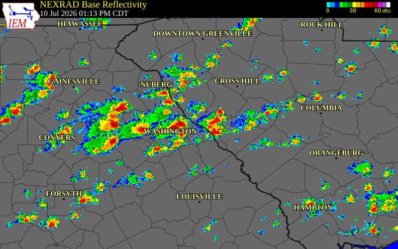NEXRAD radar during the Friday, July 10, 2026 storm activity in Lincoln County, Georgia