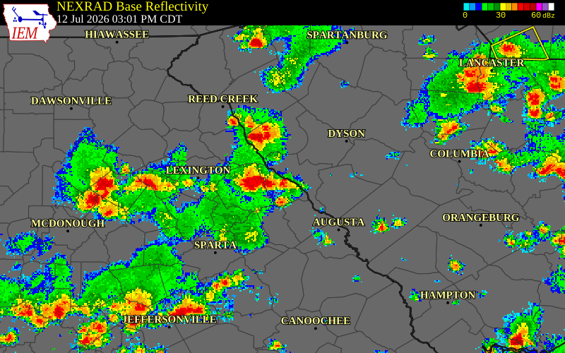 NEXRAD radar during the Sunday, July 12, 2026 storm activity in Lincoln County, Georgia
