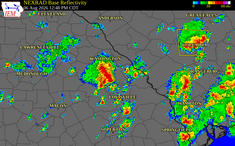 NEXRAD radar during the Thursday, August 6, 2026 storm activity in Lincoln County, Georgia