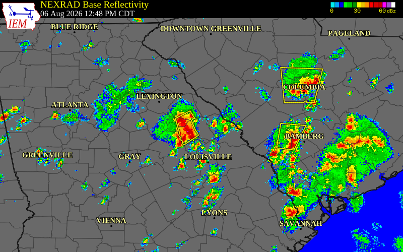 Radar snapshot during the Aug 6, 2026 wind event near Lincoln County, Lincoln County, Georgia, with NWS warning polygons