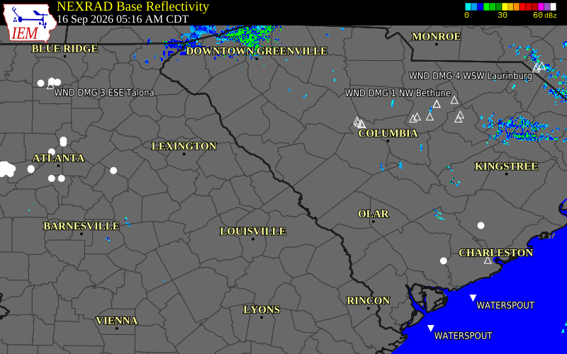 Current NEXRAD radar over Lincoln County, Georgia with recent storm report locations