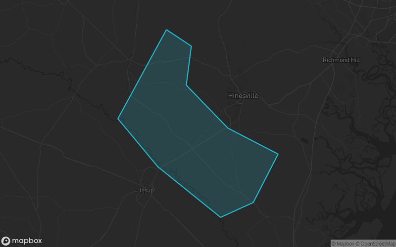 Map of Long County, Georgia showing the county boundary and surrounding cities