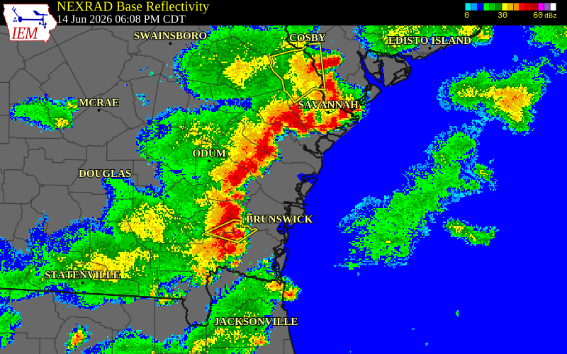 NEXRAD radar during the Sunday, June 14, 2026 storm activity in Long County, Georgia