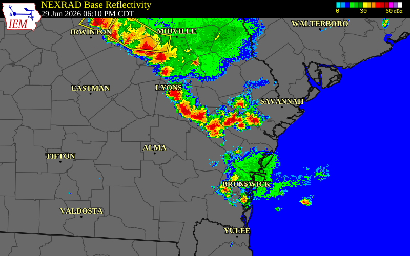 NEXRAD radar during the Monday, June 29, 2026 storm activity in Long County, Georgia