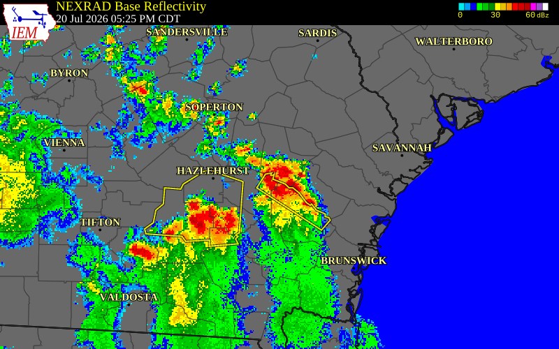 NEXRAD radar during the Monday, July 20, 2026 storm activity in Long County, Georgia