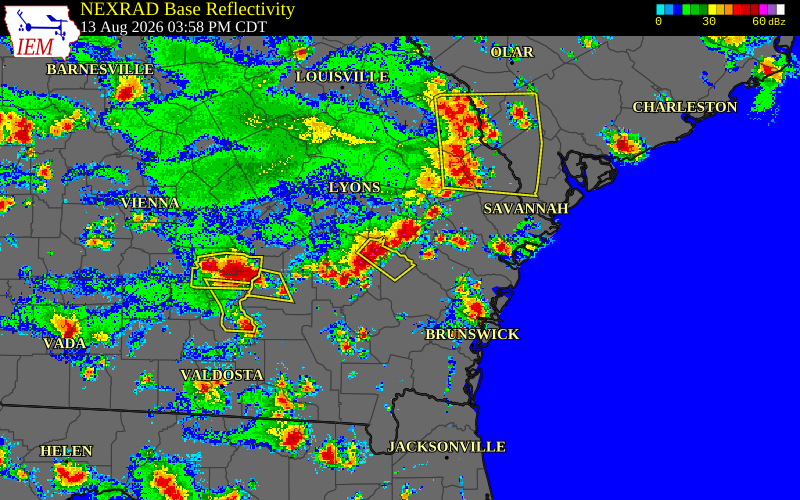 Radar snapshot during the Aug 6, 2026 wind event near Long County, Long County, Georgia, with NWS warning polygons