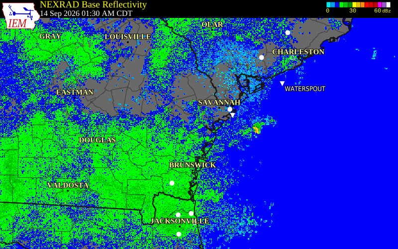Current NEXRAD radar over Long County, Georgia with recent storm report locations