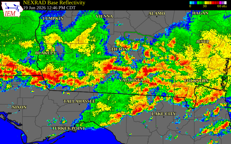 NEXRAD radar during the Friday, June 19, 2026 storm activity in Lowndes County, Georgia