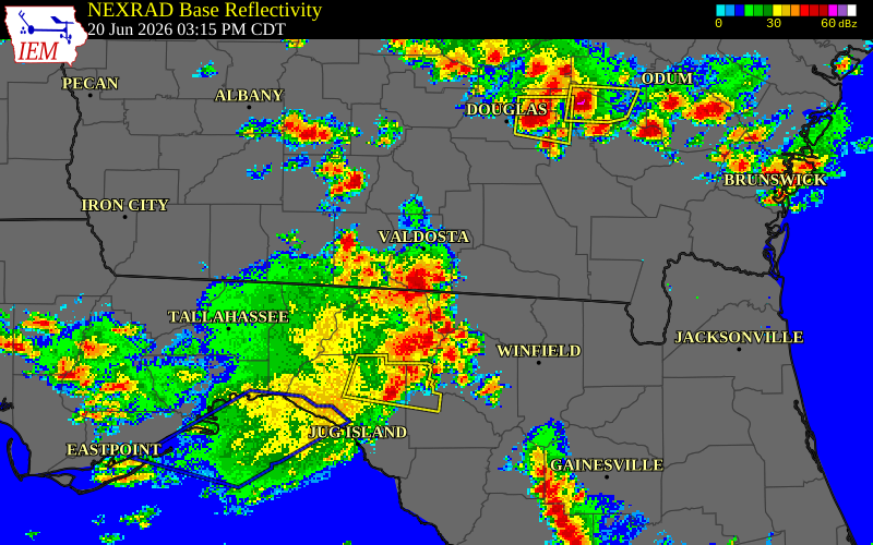 NEXRAD radar during the Saturday, June 20, 2026 storm activity in Lowndes County, Georgia