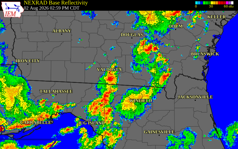 NEXRAD radar during the Sunday, August 2, 2026 storm activity in Lowndes County, Georgia