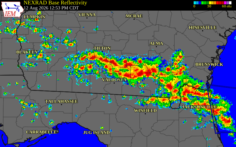 NEXRAD radar during the Wednesday, August 12, 2026 storm activity in Lowndes County, Georgia
