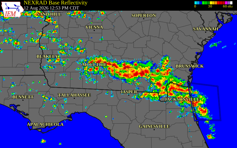 Radar snapshot during the Aug 12, 2026 wind event near Lowndes County, Lowndes County, Georgia, with NWS warning polygons