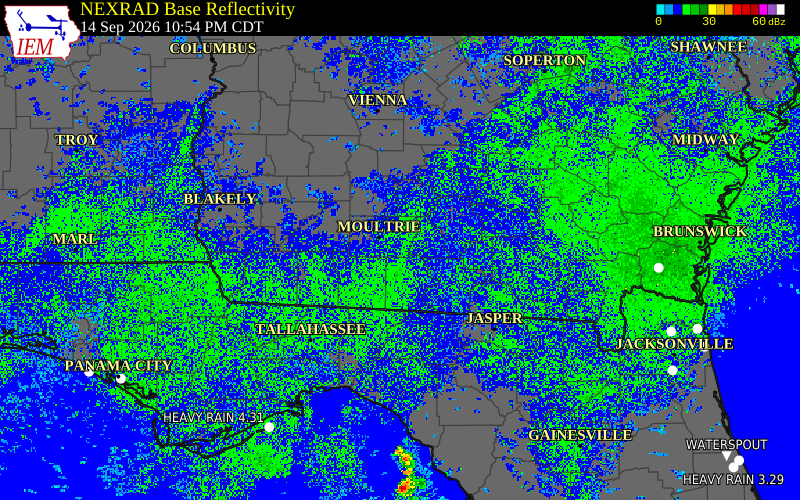 Current NEXRAD radar over Lowndes County, Georgia with recent storm report locations