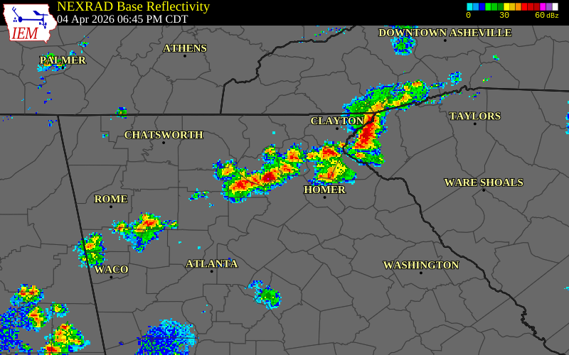 NEXRAD radar during the Saturday, April 4, 2026 storm activity in Lumpkin County, Georgia