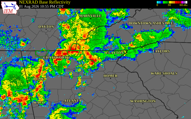 NEXRAD radar during the Saturday, August 1, 2026 storm activity in Lumpkin County, Georgia
