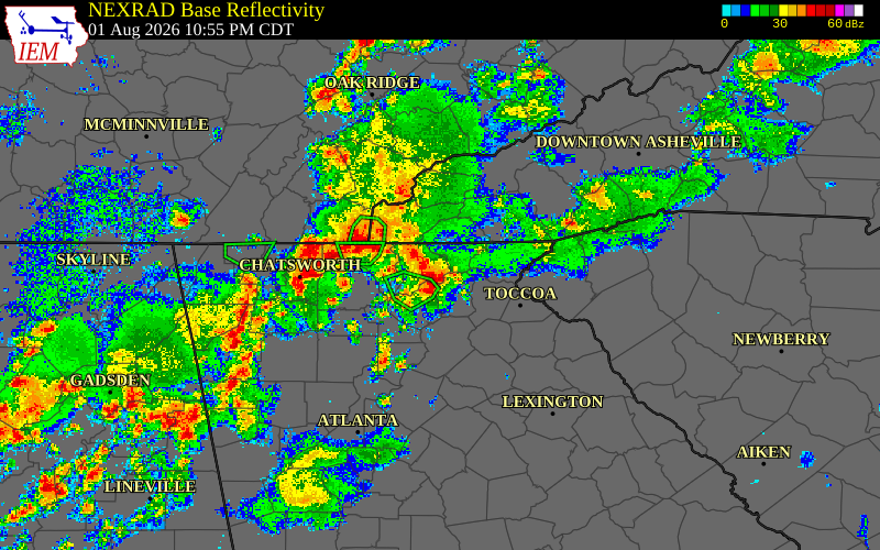 Radar snapshot during the Aug 1, 2026 wind event near Lumpkin County, Lumpkin County, Georgia, with NWS warning polygons