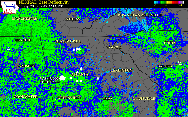 Current NEXRAD radar over Lumpkin County, Georgia with recent storm report locations