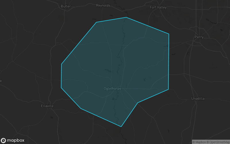 Map of Macon County, Georgia showing the county boundary and surrounding cities