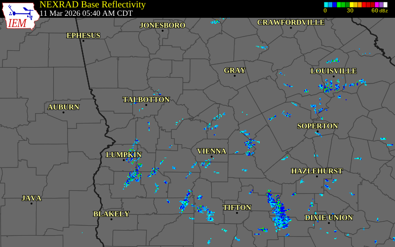 NEXRAD radar during the Wednesday, March 11, 2026 storm activity in Macon County, Georgia