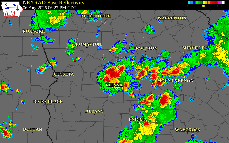 NEXRAD radar during the Thursday, August 6, 2026 storm activity in Macon County, Georgia