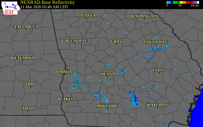 Radar snapshot during the Mar 11, 2026 tornado event near 1 NW Marshallville, Macon County, Georgia, with NWS warning polygons