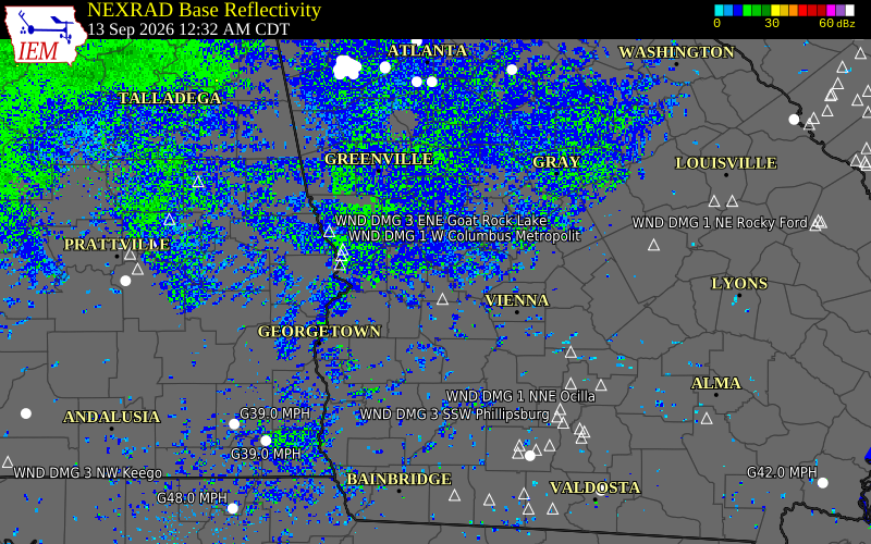 Current NEXRAD radar over Macon County, Georgia with recent storm report locations