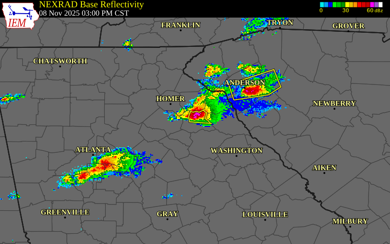 NEXRAD radar during the Saturday, November 8, 2025 storm activity in Madison County, Georgia
