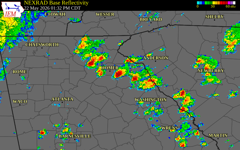 NEXRAD radar during the Friday, May 22, 2026 storm activity in Madison County, Georgia