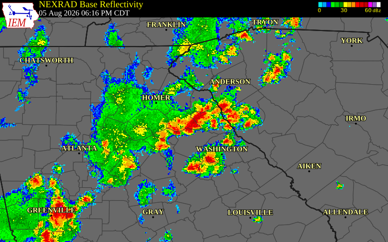 NEXRAD radar during the Wednesday, August 5, 2026 storm activity in Madison County, Georgia