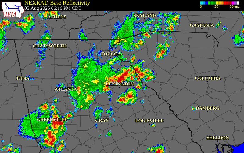 Radar snapshot during the Aug 5, 2026 wind event near Madison County, Madison County, Georgia, with NWS warning polygons