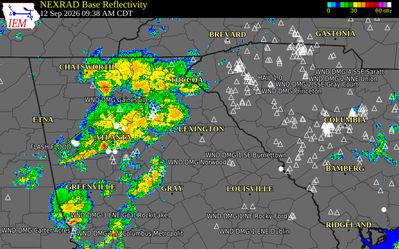 Current NEXRAD radar over Madison County, Georgia with recent storm report locations