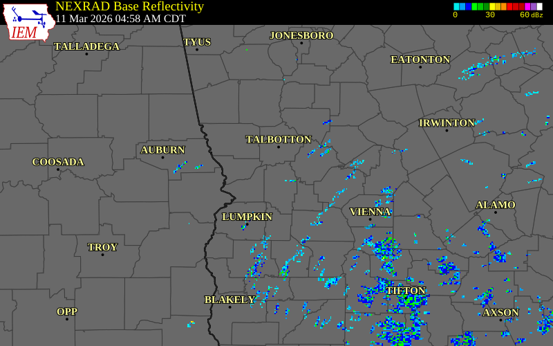 NEXRAD radar during the Wednesday, March 11, 2026 storm activity in Marion County, Georgia