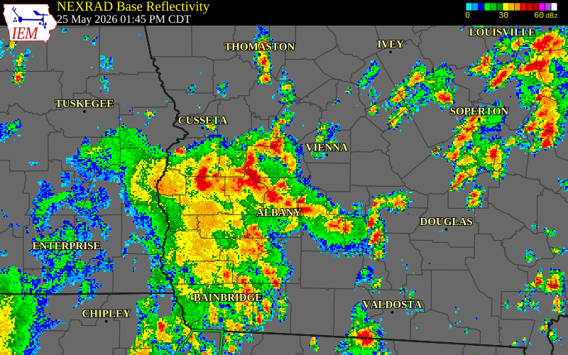 NEXRAD radar during the Monday, May 25, 2026 storm activity in Marion County, Georgia
