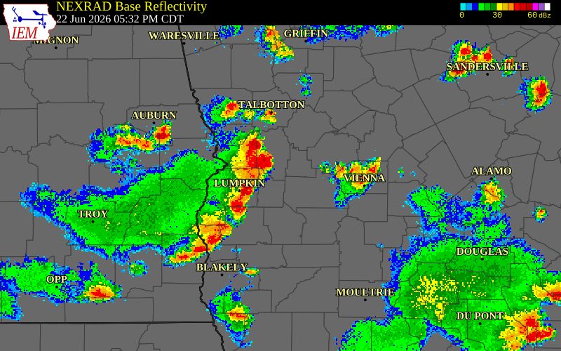NEXRAD radar during the Monday, June 22, 2026 storm activity in Marion County, Georgia
