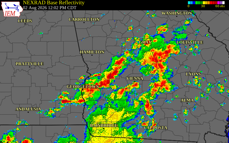 Radar snapshot during the Aug 2, 2026 wind event near Marion County, Marion County, Georgia, with NWS warning polygons