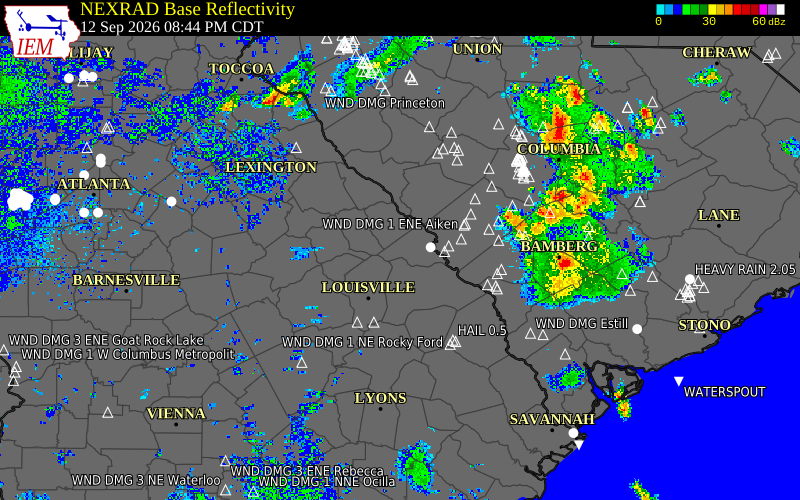 Current NEXRAD radar over McDuffie County, Georgia with recent storm report locations