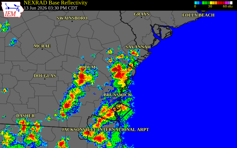 NEXRAD radar during the Saturday, June 13, 2026 storm activity in McIntosh County, Georgia