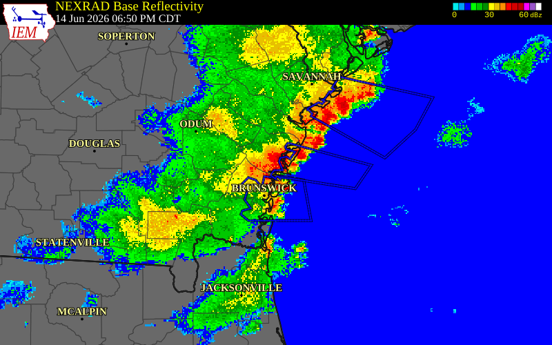 NEXRAD radar during the Sunday, June 14, 2026 storm activity in McIntosh County, Georgia