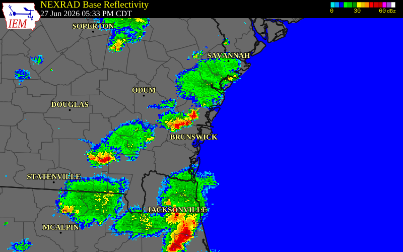NEXRAD radar during the Saturday, June 27, 2026 storm activity in McIntosh County, Georgia
