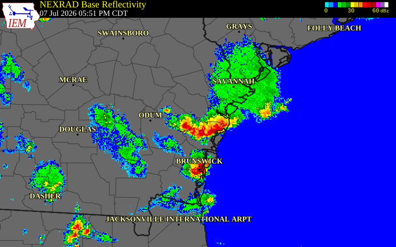 NEXRAD radar during the Tuesday, July 7, 2026 storm activity in McIntosh County, Georgia