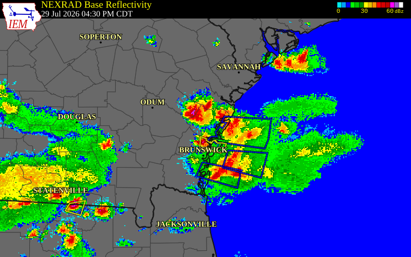 NEXRAD radar during the Wednesday, July 29, 2026 storm activity in McIntosh County, Georgia