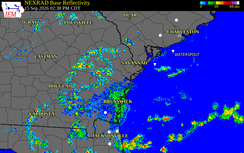 Current NEXRAD radar over McIntosh County, Georgia with recent storm report locations