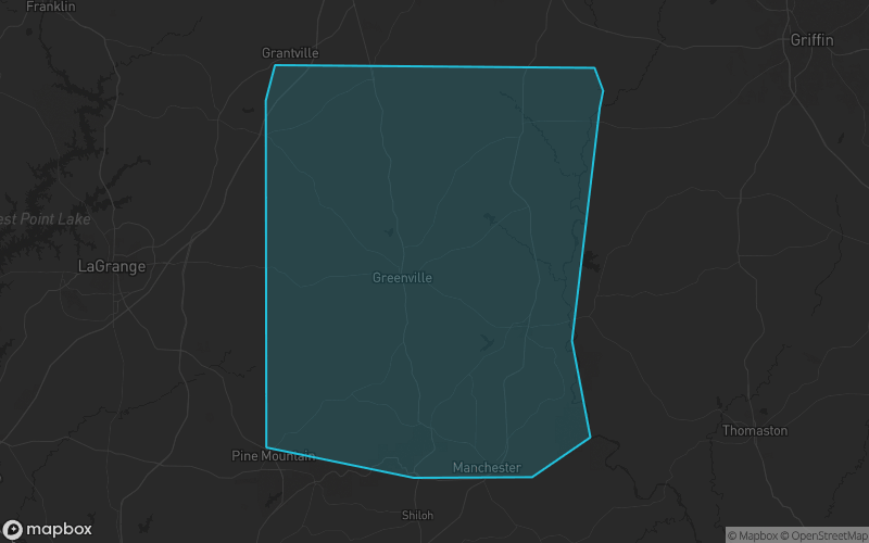 Map of Meriwether County, Georgia showing the county boundary and surrounding cities