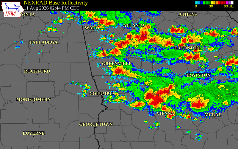 NEXRAD radar during the Tuesday, August 11, 2026 storm activity in Meriwether County, Georgia