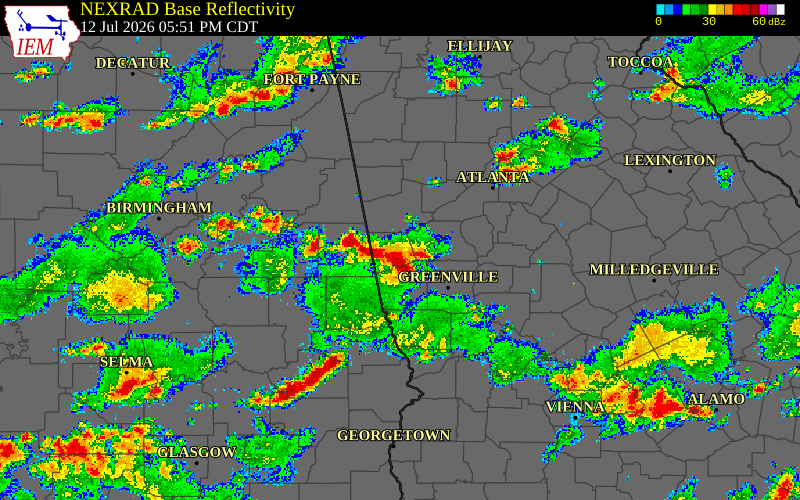 Radar snapshot during the Jul 12, 2026 wind event near Meriwether County, Meriwether County, Georgia, with NWS warning polygons