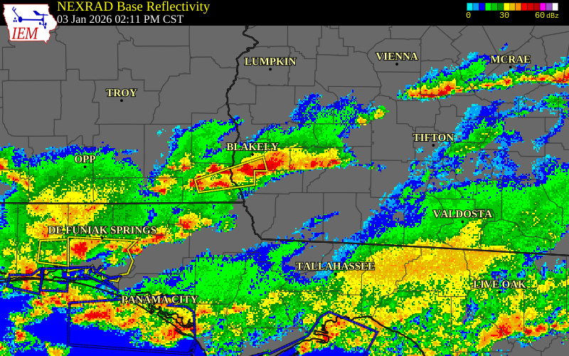 NEXRAD radar during the Saturday, January 3, 2026 storm activity in Miller County, Georgia