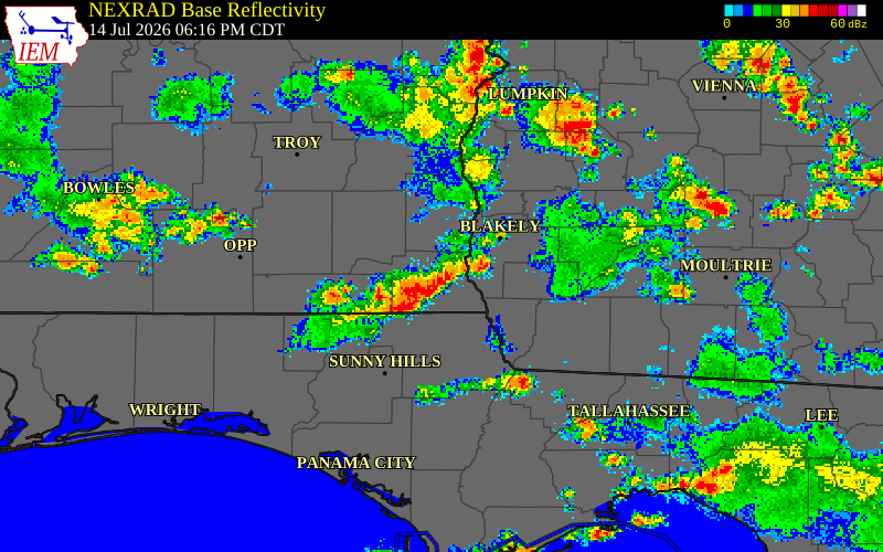 NEXRAD radar during the Tuesday, July 14, 2026 storm activity in Miller County, Georgia
