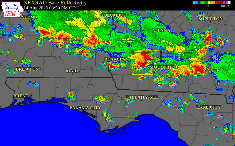 Radar snapshot during the Jul 29, 2026 wind event near Miller County, Miller County, Georgia, with NWS warning polygons