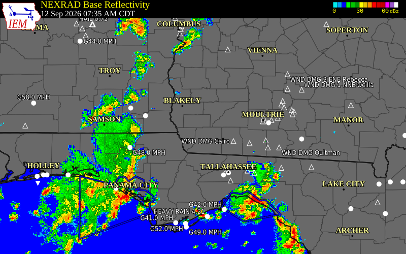Current NEXRAD radar over Miller County, Georgia with recent storm report locations